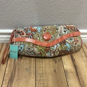 Ebisu fabric printed clutch bag with distressed faux leather trim wristlet strap